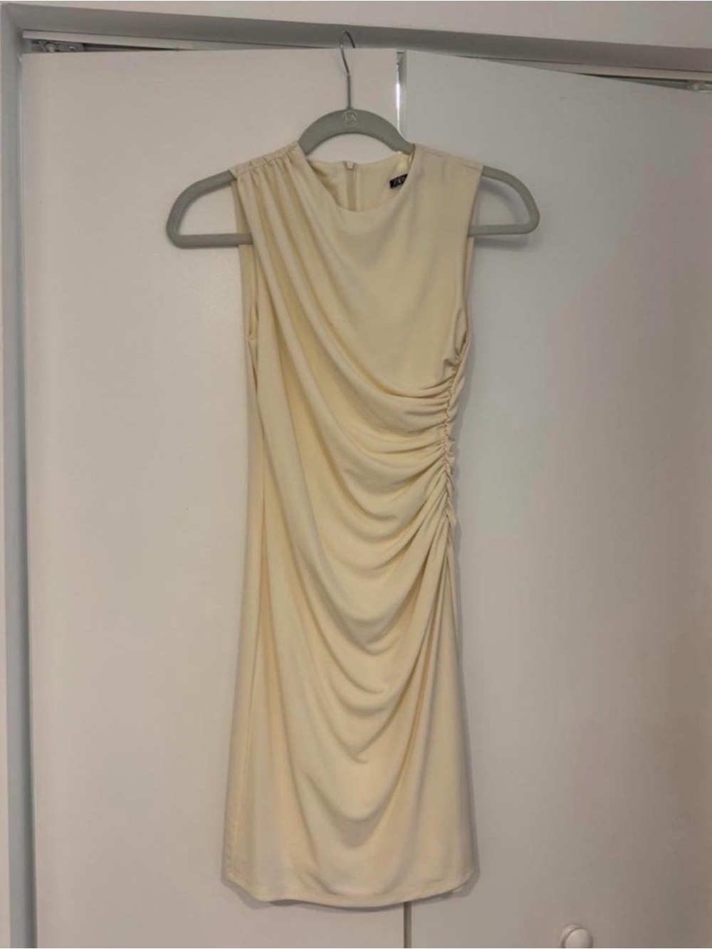Zara Cream Sleeveless Ruched Midi Dress